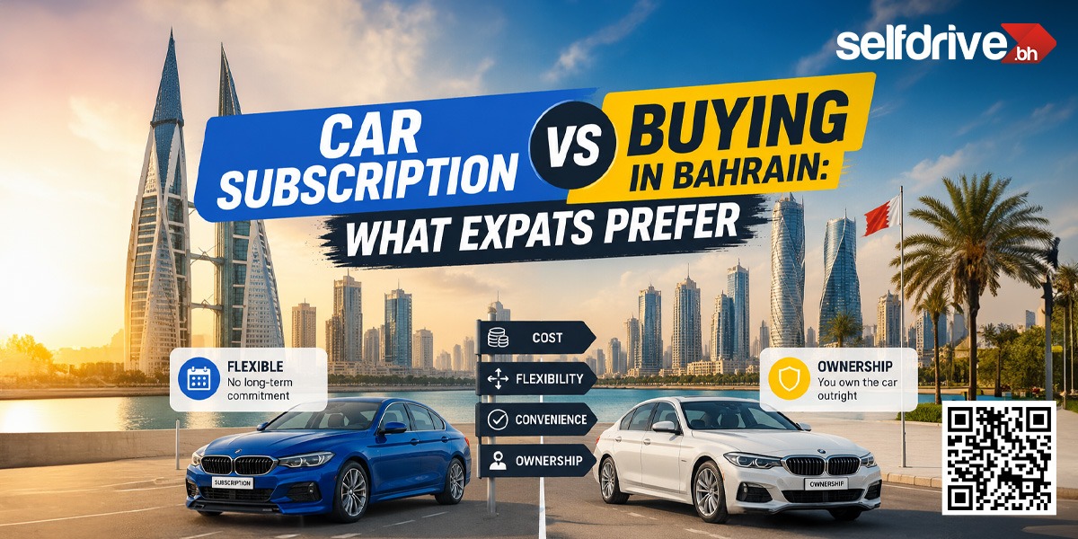 A promotional image comparing car subscription vs. buying in Bahrain for expats. Two cars, city skyline, and keywords like cost, flexibility, convenience, ownership, and selfdrive.bh logo are visible.